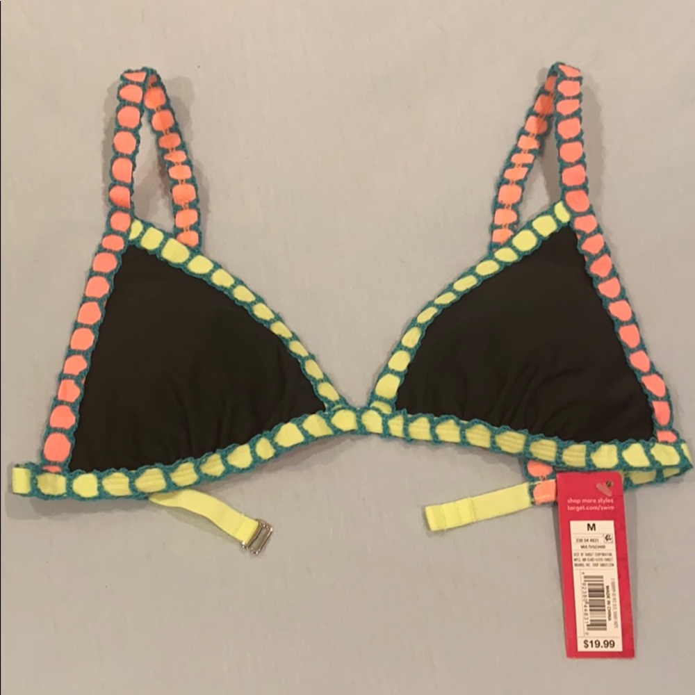 Xhilaration Black Bikini Top with Neon Yellow and Coral Trim